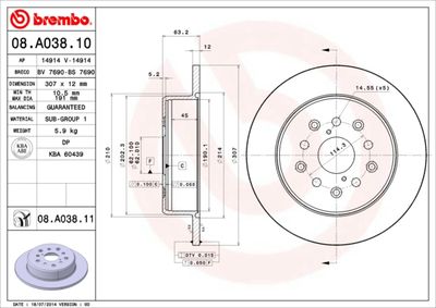 Тормозной диск BREMBO 08.A038.10 для TOYOTA ARISTO