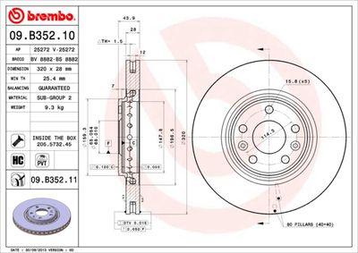 Тормозной диск BREMBO 09.B352.11 для RENAULT ESPACE