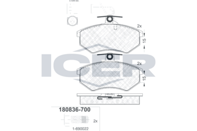 комплект спирачно феродо, дискови спирачки ICER 180836-700