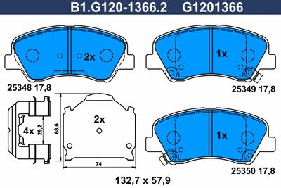 Комплект тормозных колодок, дисковый тормоз GALFER B1.G120-1366.2 для HYUNDAI SOLARIS