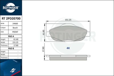 Zestaw klocków hamulcowych, hamulce tarczowe ROTINGER RT 2PD20700