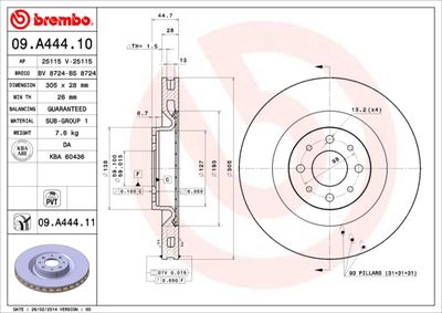 BREMBO 09.A444.10 Тормозные диски  для LANCIA DELTA (Лансиа Делта)