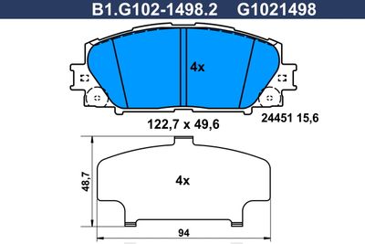 Комплект тормозных колодок, дисковый тормоз GALFER B1.G102-1498.2 для LEXUS CT