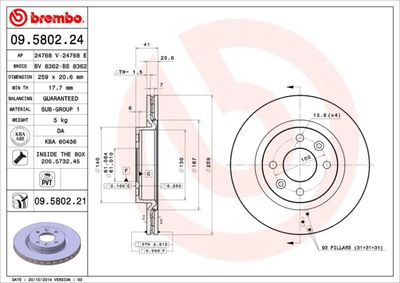 Тормозной диск BREMBO 09.5802.21 для LADA LARGUS