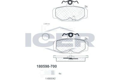комплект спирачно феродо, дискови спирачки ICER 180598-700
