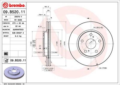 Тормозной диск BREMBO 09.B520.11 для TOYOTA RAV 4