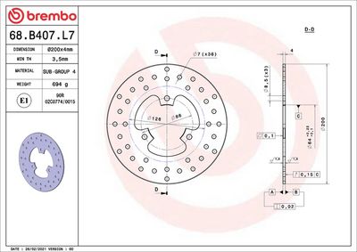 Kočni disk BREMBO PRIME - Serie-Oro - Fixed Disc 68B407L7