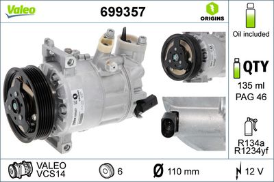 VALEO 699357 Компрессор кондиционера  для SKODA FABIA (Шкода Фабиа)