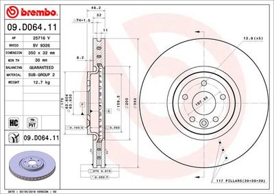 Тормозной диск BREMBO 09.D064.11 для JAGUAR XF