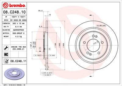 Тормозной диск BREMBO 08.C248.11 для HYUNDAI i40