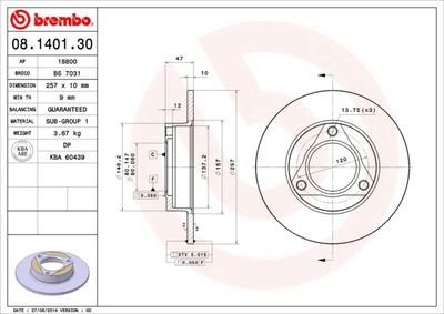 Тормозной диск BREMBO 08.1401.30 для PEUGEOT 204