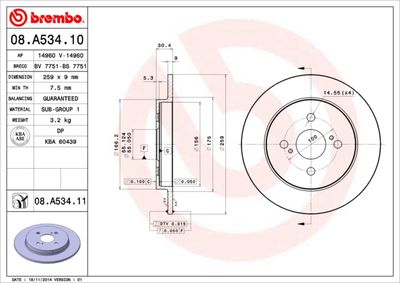 Тормозной диск BREMBO 08.A534.10 для TOYOTA RACTIS