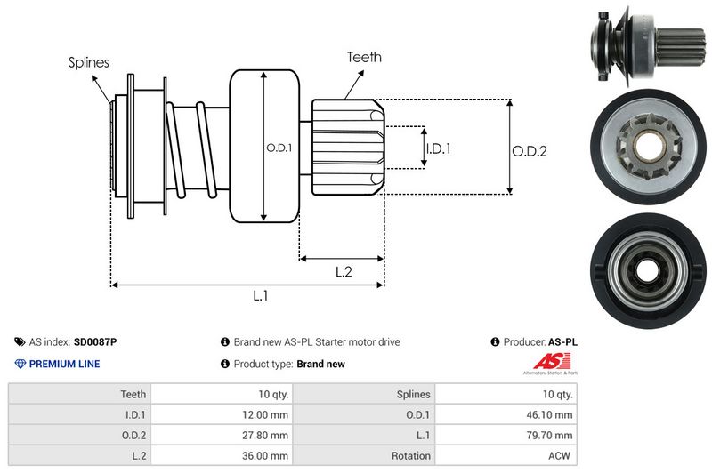 AS-PL SD0087P Freewheel Gear, starter