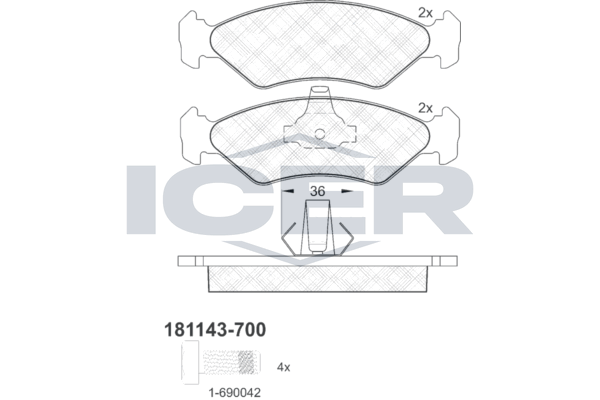 Комплект гальмівних накладок, дискове гальмо, Icer 181143700
