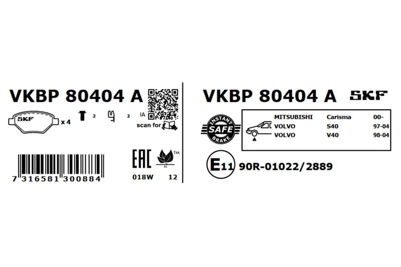 Комплект гальмівних накладок, дискове гальмо, Skf VKBP80404A