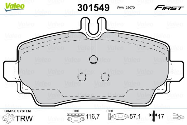 Комплект гальмівних накладок, дискове гальмо, Valeo 301549