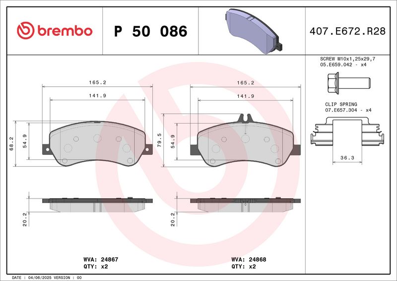 BREMBO P 50 086 Stabdžių trinkelių rinkinys, diskinis stabdys