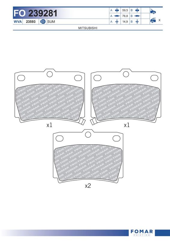 Комплект гальмівних накладок, дискове гальмо, Fomar 239281