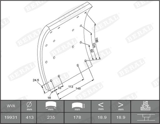 obložení brzdové SCANIA 3,4 - 413x178 20,0mm +1 KBL19931.1-1637