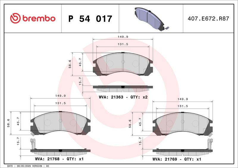 BREMBO P 54 017X Комплект гальмівних накладок, дискове гальмо