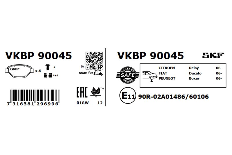 Комплект гальмівних накладок, дискове гальмо, Skf VKBP90045