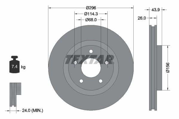 Гальмівний диск, з внутрішньою вентиляцією, 296мм, NISSAN JUKE/QASHQAI/X-TRAIL 07- перед.вент. (с покрытием PRO), Textar 92167403