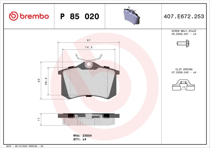 set placute frana,frana disc P 85 020 BREMBO