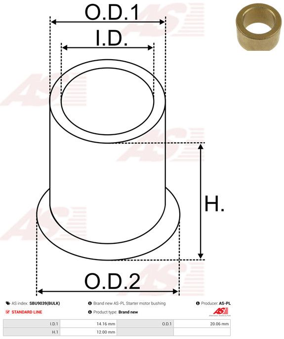 AS-PL SBU9039(BULK) Bush, starter shaft