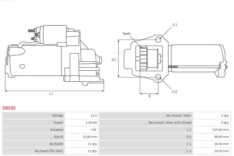 Стартер, 12В, кільк. зубц. 11, 1,20кВт, Ford,Volvo 1.8/2.0/2.3, Auto Starter S9030