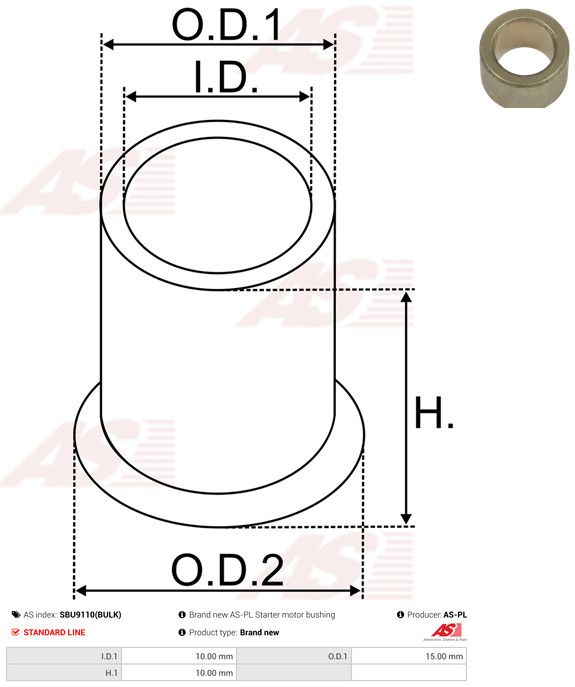 AS-PL SBU9110(BULK) Bush, starter shaft