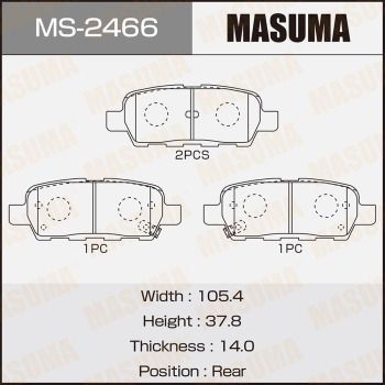 Комплект гальмівних колодок, задня вісь, 37,8мм, Nissan Juke (10-), Leaf (12-17), Murano (04-), Pathfinder (14-), Qash (MS-2466) MASUMA, Masuma MS