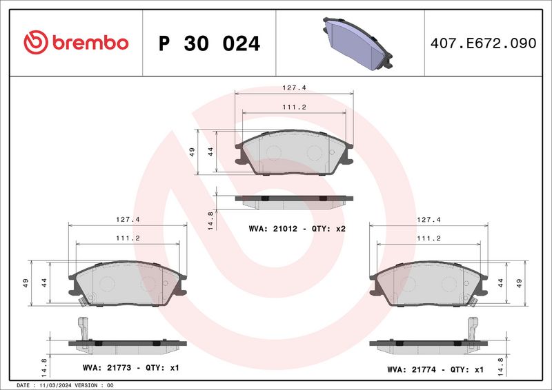 BREMBO fékbetétkészlet, tárcsafék P 30 024