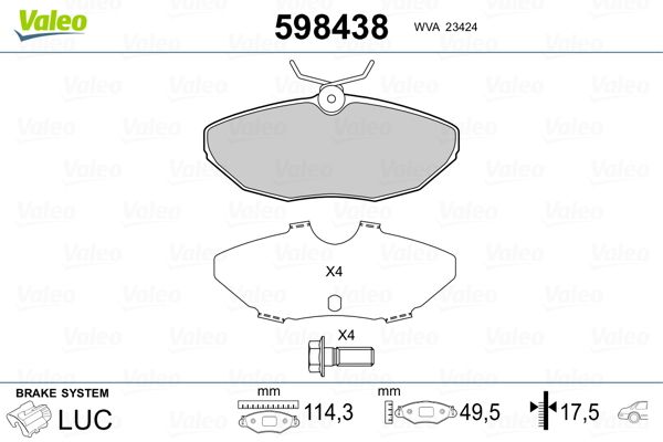 Комплект гальмівних накладок, дискове гальмо, Valeo 598438