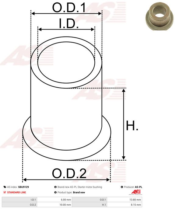 AS-PL SBU9129 Bush, starter shaft