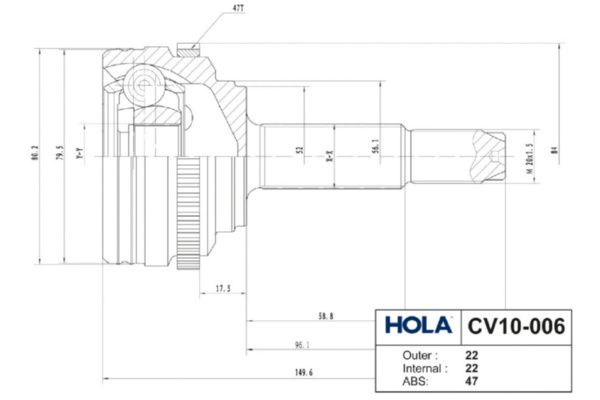 Комплект шарнірів, приводний вал, Hola CV10-006