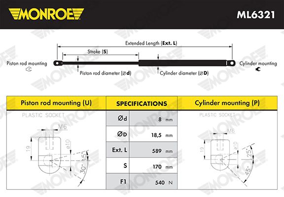 MONROE ML6321 Gas Spring, boot/cargo area