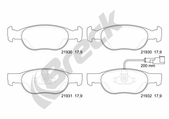 Комплект гальмівних накладок, дискове гальмо, Breck 219300070210
