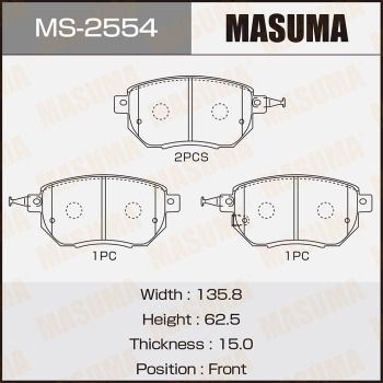 Комплект гальмівних колодок, передня вісь, 62,5мм, Nissan Murano, Qashqai 2.5, 3.5 (07-) (MS-2554) MASUMA, Masuma MS2554