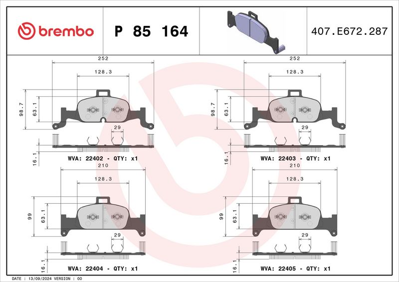 Piduriklotsi komplekt, ketaspidur, BREMBO P 85 164