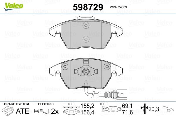 Комплект гальмівних накладок, дискове гальмо, Valeo 598729