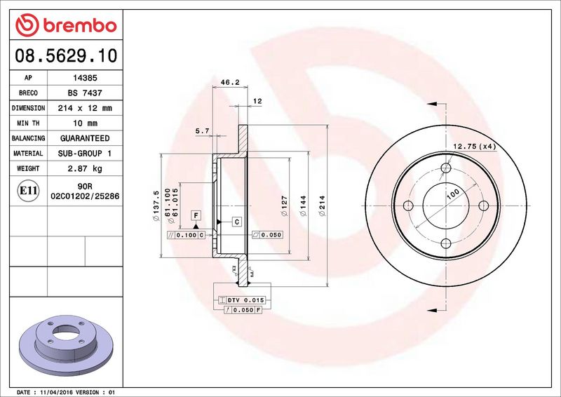 BREMBO 08.5629.10 Brake Disc
