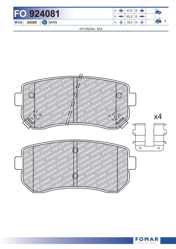 Комплект гальмівних накладок, дискове гальмо, Fomar 924081