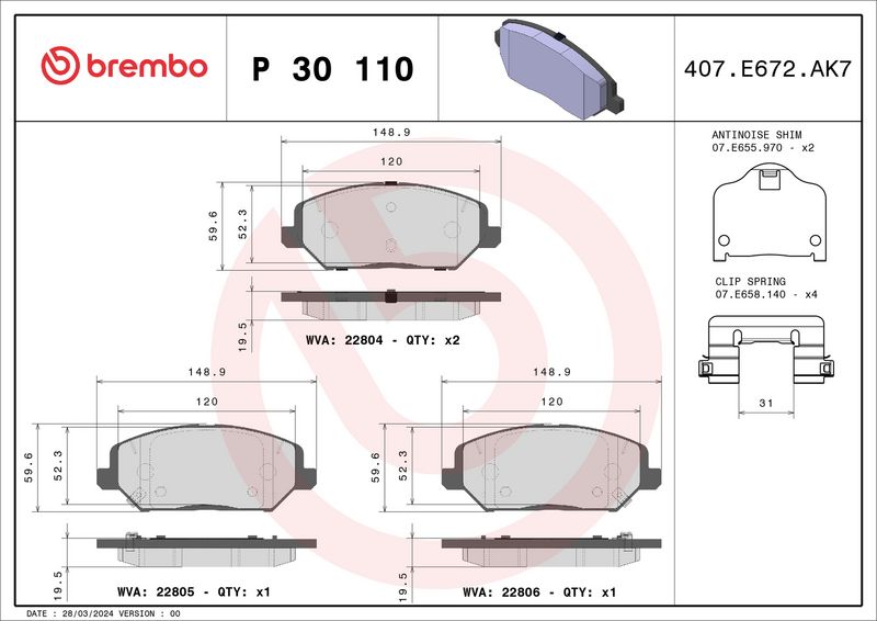 BREMBO Remblokkenset, schijfrem P 30 110