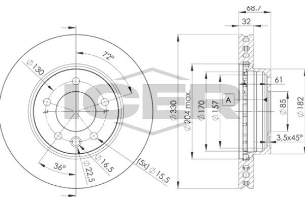 ICER 78BD3326-1 Тормозной диск (передний) Porsche Cayenne/VW Touareg 02- (330x32) (L) (с покрытием) (вентилируемый)