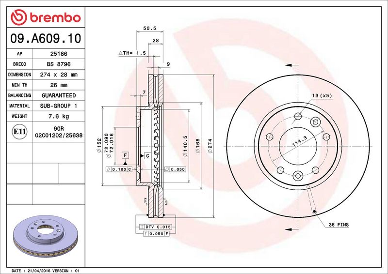 BREMBO 09.A609.10 Stabdžių diskas
