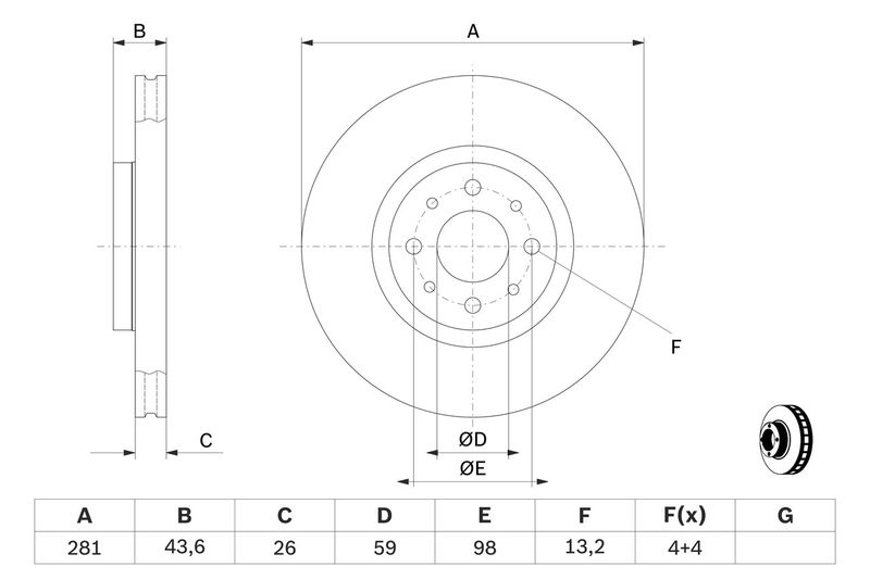 BOSCH тормозной диск передний FIAT Bravo, Stilo 281*26