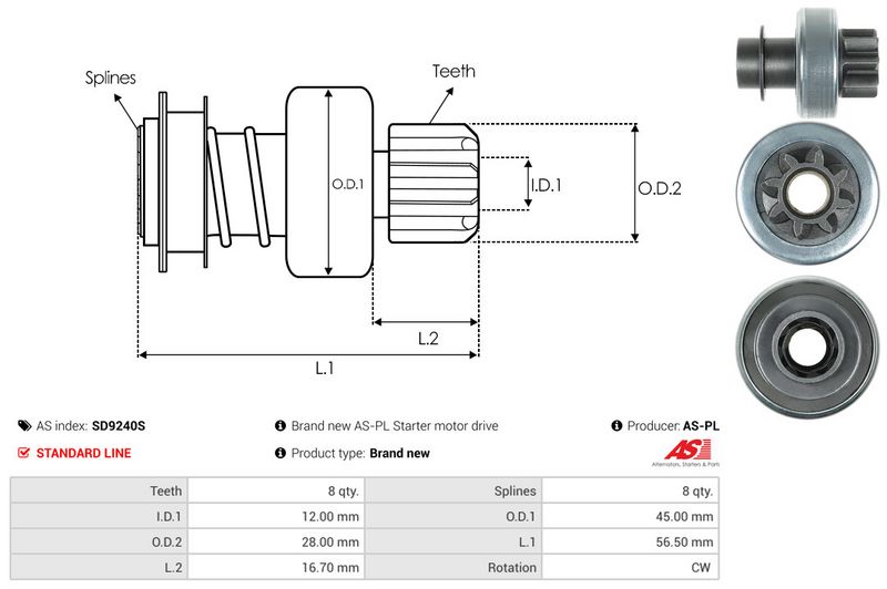 AS-PL SD9240S Freewheel Gear, starter
