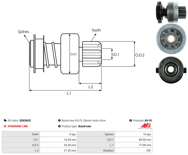 AS-PL SD0362S Freewheel Gear, starter