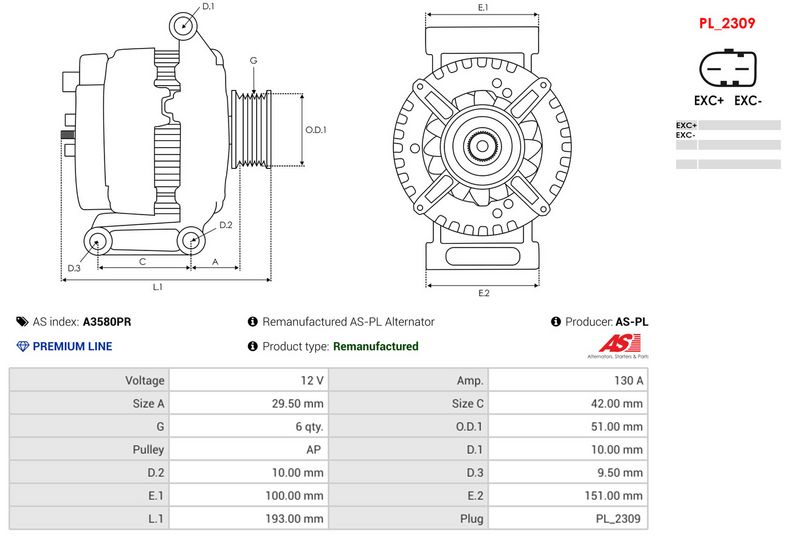 Remanufactured AS-PL Alternator