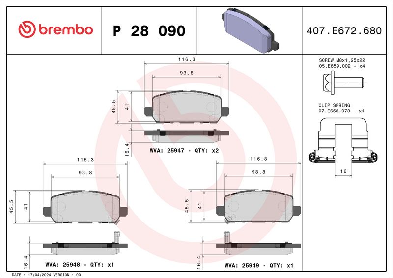 BREMBO Remblokkenset, schijfrem P 28 090